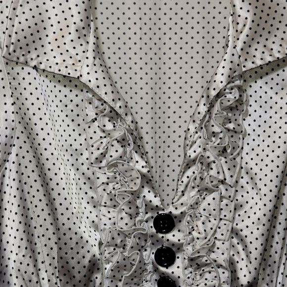 BEBOP dress black white polkadot satin top black buttons ruffles 60's happy days - Picture 4 of 6